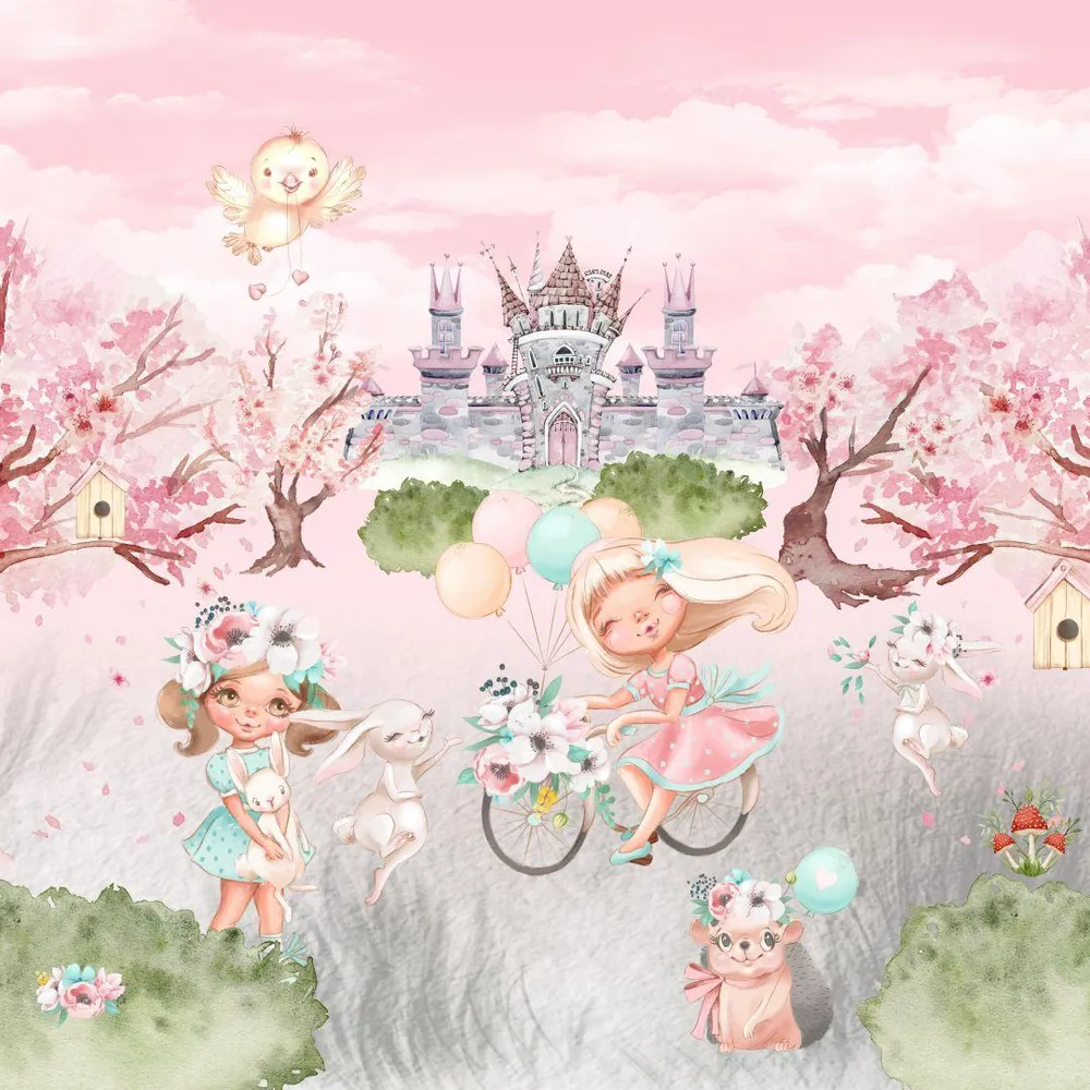 Papel de Parede Lúdico Aventura no Jardim com Castelo e Animais