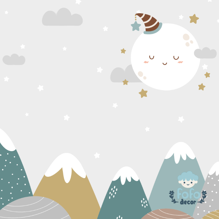 Decoração infantil com montanhas suaves e céu estrelado