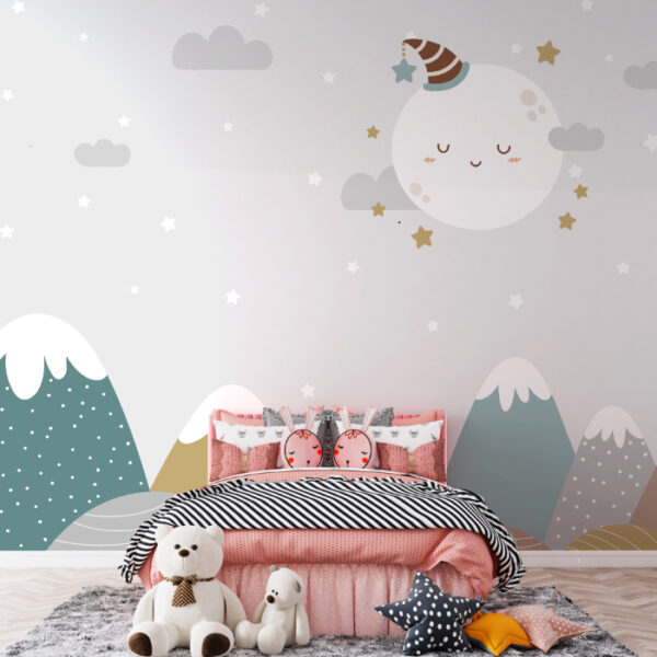 Papel de parede com lua sorridente e estrelas cintilantes