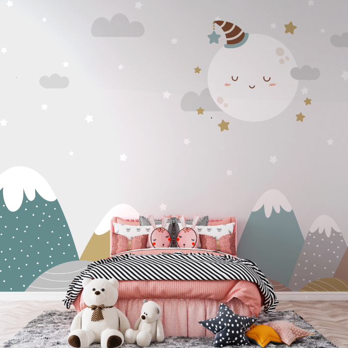 Papel de parede com lua sorridente e estrelas cintilantes