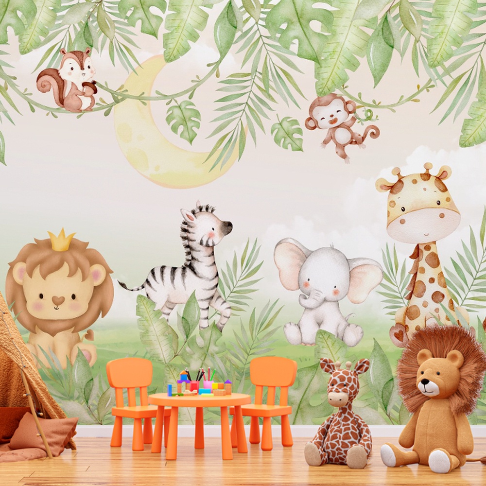 Decoração infantil com animais fofos como leão, elefante, girafa e outros, cercados por folhagens tropicais, criando um ambiente lúdico e encantador.