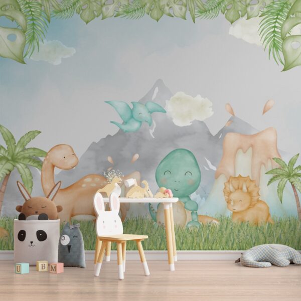 Decoração infantil com dinossauros coloridos e elementos naturais do Mundo dos Dinossauros, trazendo diversão e criatividade para o ambiente.