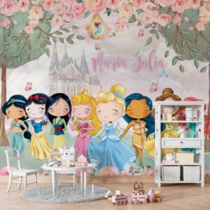 Ilustração fofa de princesas estilo chibi com fundo floral e castelo.