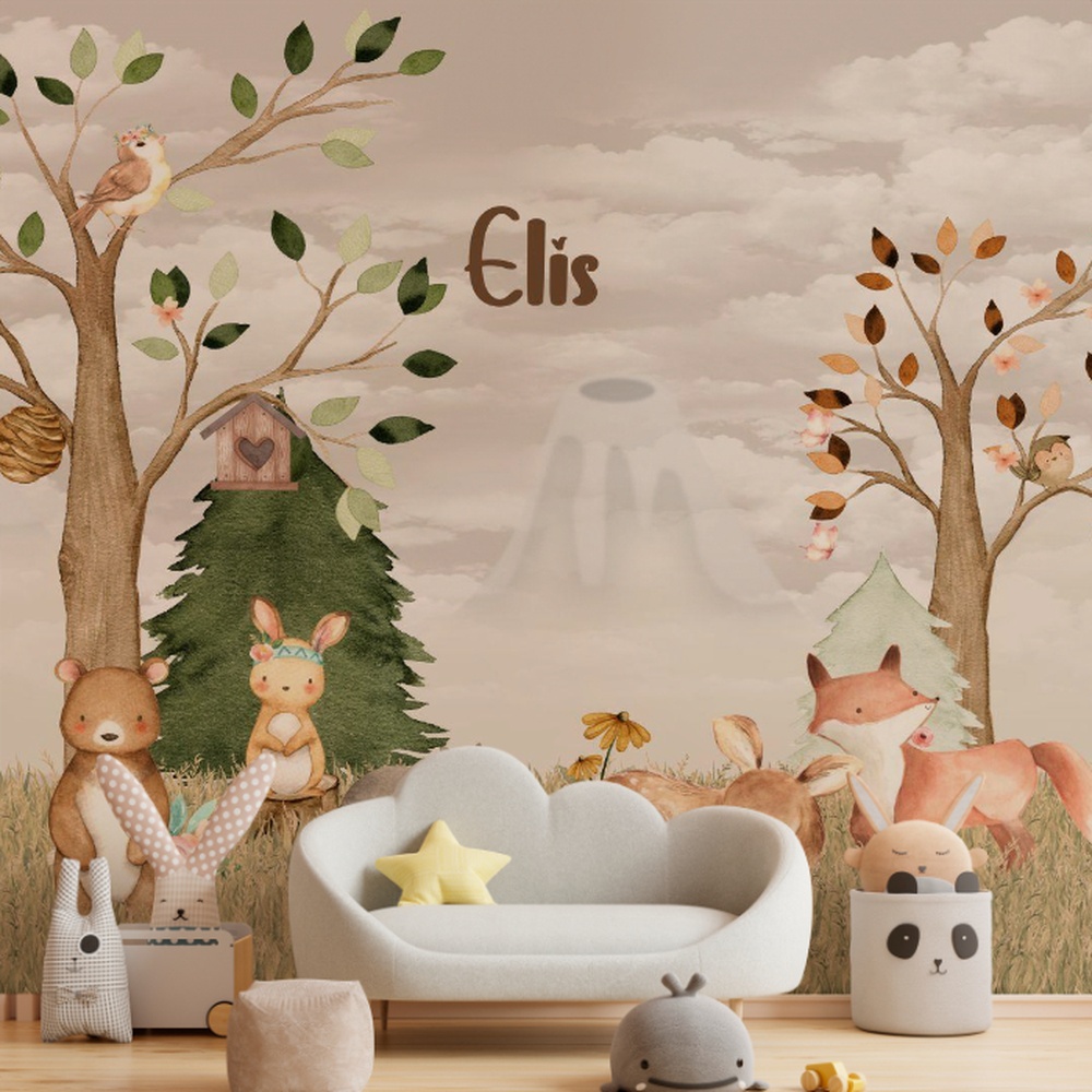 Painel decorativo infantil com tema de floresta e animais em aquarela, personalizado com o nome "Elis".