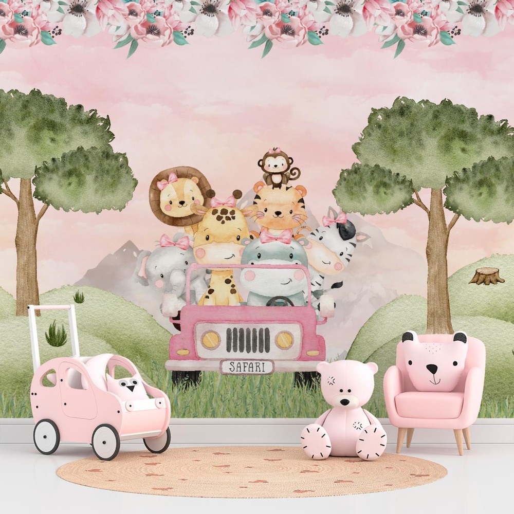 Papel de parede infantil com animais fofos em um carro rosa, explorando a natureza em uma aventura safari.