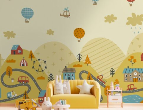 Papel de parede infantil com estradas, casas coloridas, balões e helicóptero em tons suaves.
