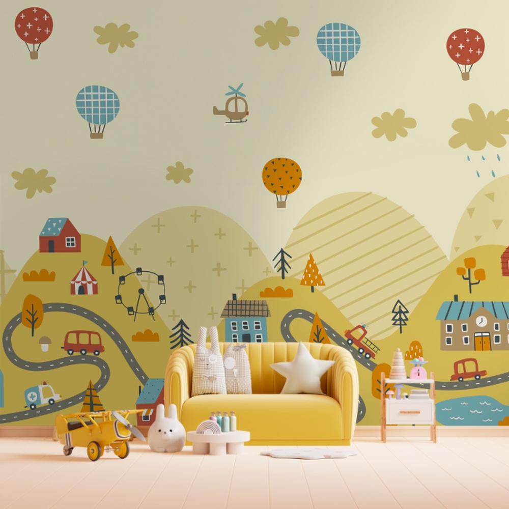 Papel de parede infantil com estradas, casas coloridas, balões e helicóptero em tons suaves.
