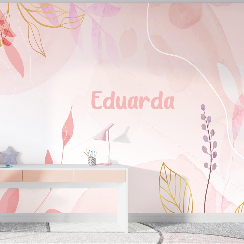 Papel de parede minimalista com nome, folhagens estilizadas e traços delicados.