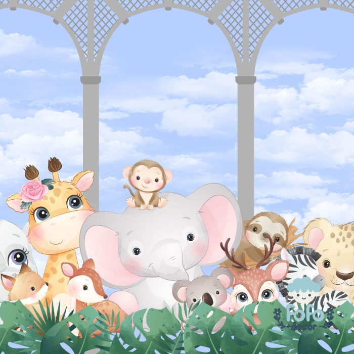 Ilustração encantadora de animais selvagens reunidos em um jardim, com céu azul ao fundo e elementos tropicais.