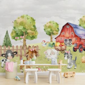 lustração aquarela de animais da fazenda para decoração de quarto infantil.