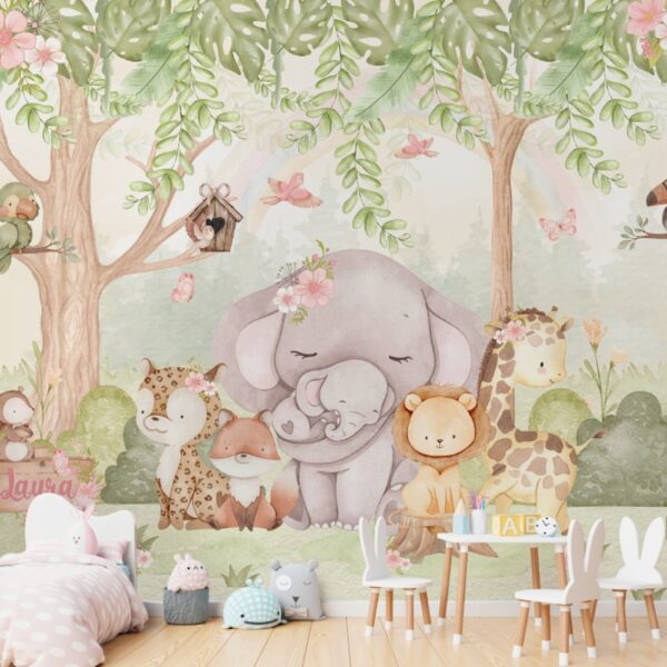 Cena encantadora com animais da floresta, incluindo elefante, leão, girafa, raposa e tucano em um ambiente delicado.