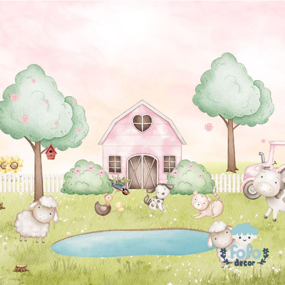 Papel de parede aquarelado com animais de fazenda, incluindo ovelhas, vaca e cachorrinho.