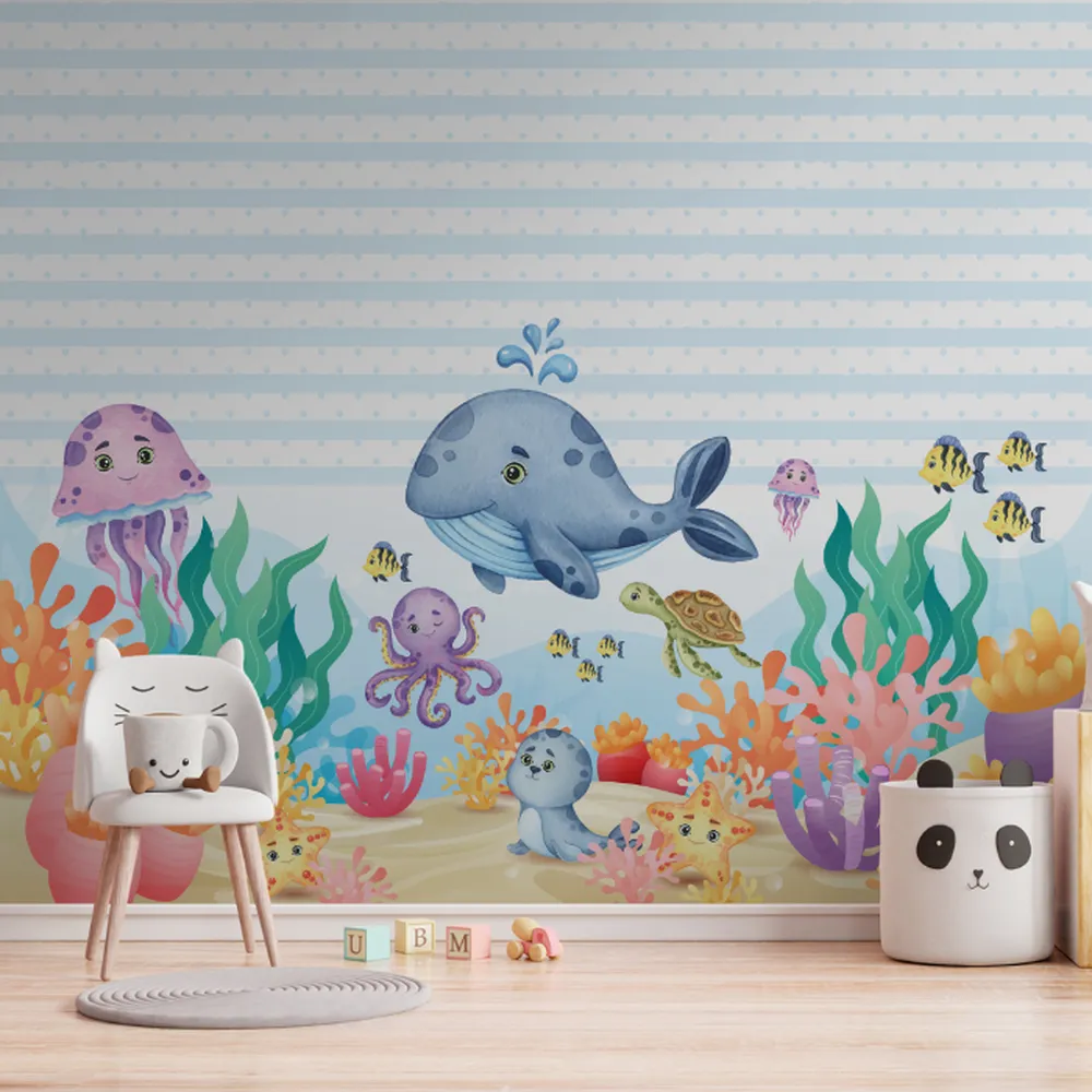 Papel de Parede Fundo do Mar com Animais Aquáticos e Corais