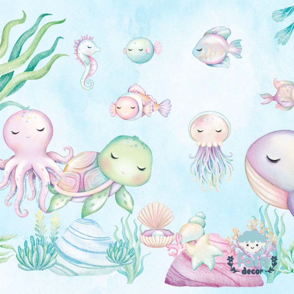 Papel de parede infantil com temática oceano, apresentando criaturas do mar sorridentes em um ambiente subaquático suave e harmonioso.