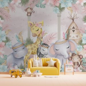 Ilustração delicada com girafa, zebra, elefante, hipopótamo e macacos em um cenário boho com flores e folhas tropicais.