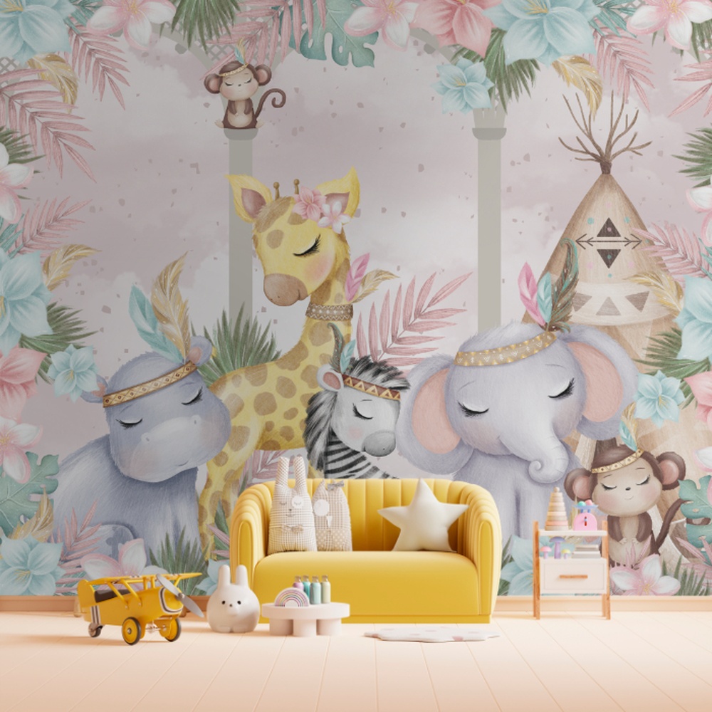 Ilustração delicada com girafa, zebra, elefante, hipopótamo e macacos em um cenário boho com flores e folhas tropicais.