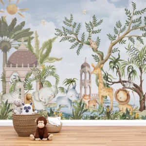 Papel de Parede Infantil Safari Aquarela com Animais e Elementos Tropicais