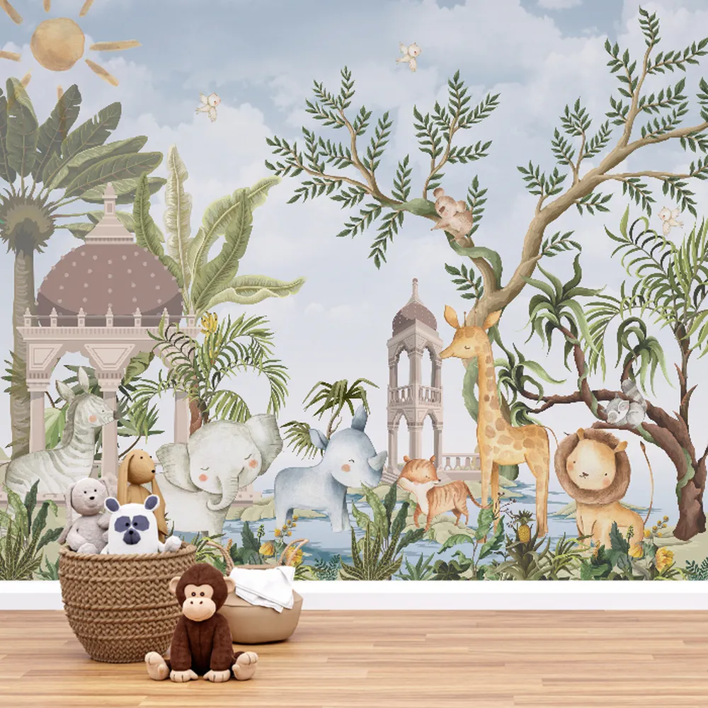 Papel de Parede Infantil Safari Aquarela com Animais e Elementos Tropicais