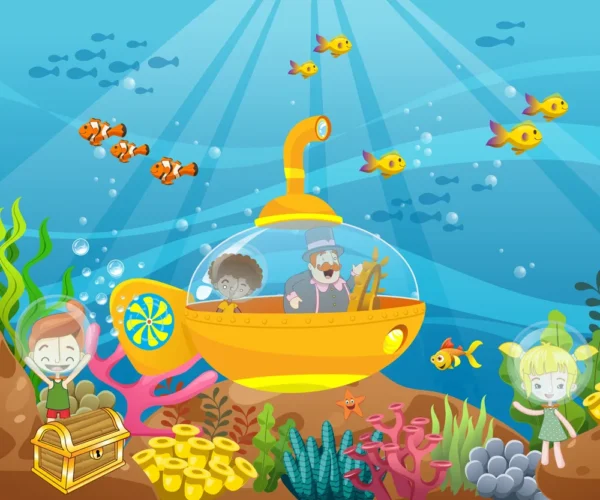 Papel de Parede Infantil Aventura Submarina com Peixes e Submarino