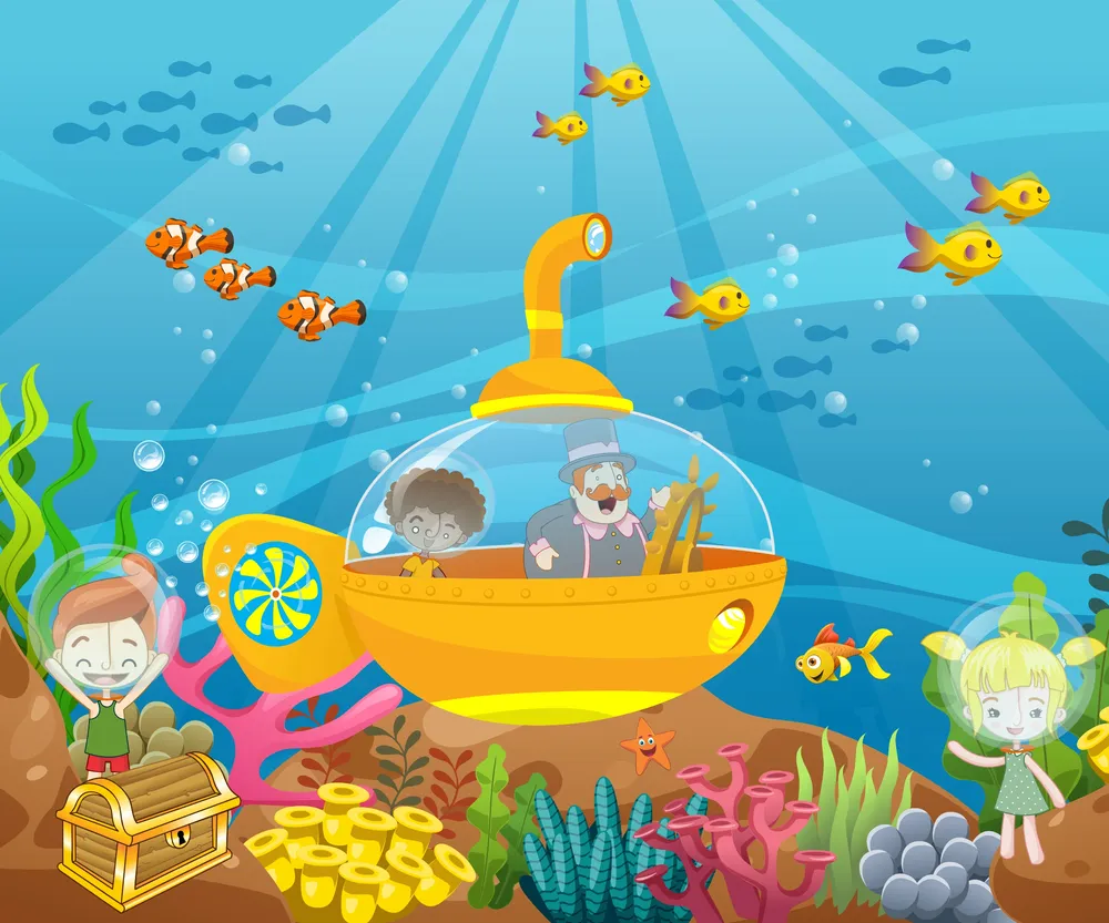 Papel de Parede Infantil Aventura Submarina com Peixes e Submarino