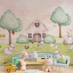 Papel de parede infantil com fazendinha em aquarela, com animais fofos e tons suaves.