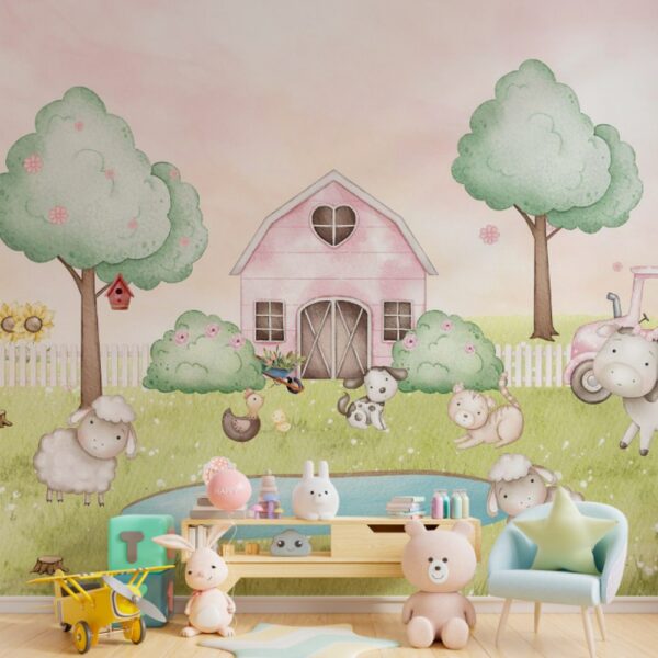 Papel de parede infantil com fazendinha em aquarela, com animais fofos e tons suaves.