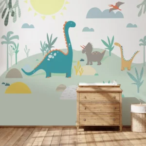 Papel de Parede Aquarela Mundo dos Dinossauros com Tons Suaves