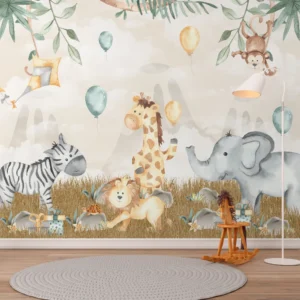 Papel de Parede Infantil Festa dos Animais com Balões e Aquarela