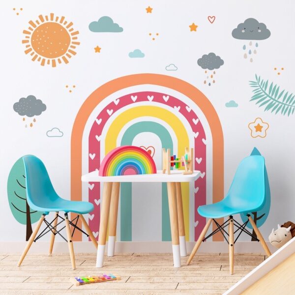 Papel de Parede Arco-Íris Infantil com nuvens e sol sorridentes