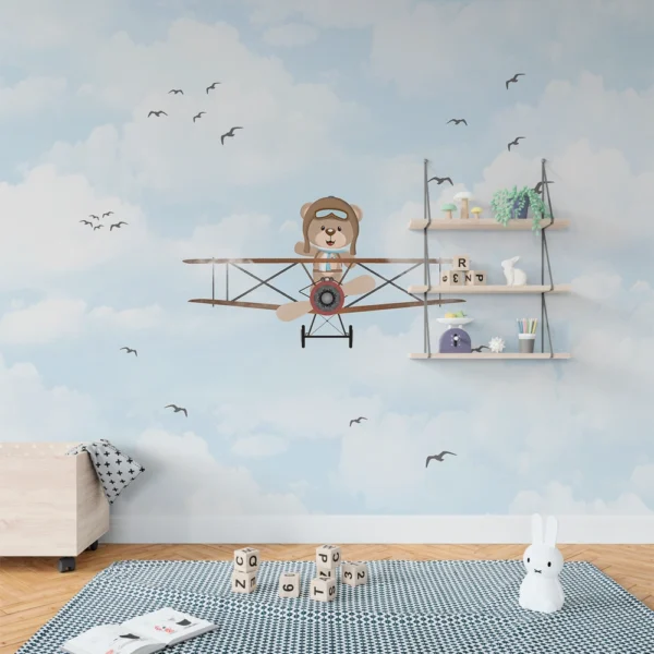 Papel de parede adesivo de ursinho piloto em um avião vintage para decoração de quarto de bebê
