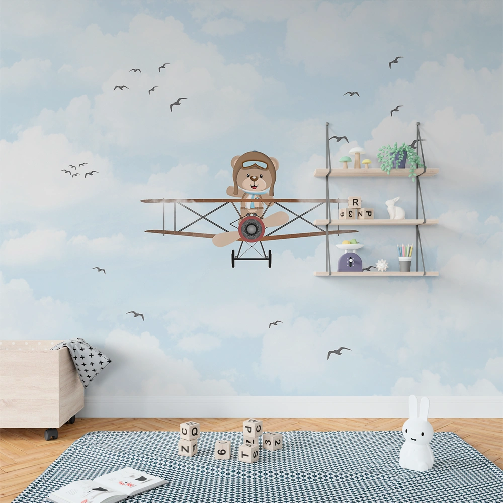 Papel de parede adesivo de ursinho piloto em um avião vintage para decoração de quarto de bebê