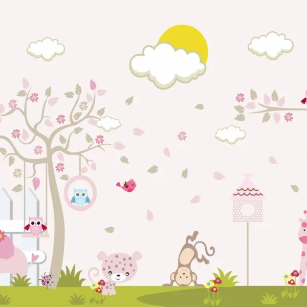 Papel de parede encantador com tema de floresta mágica, cheio de animais e cores suaves.