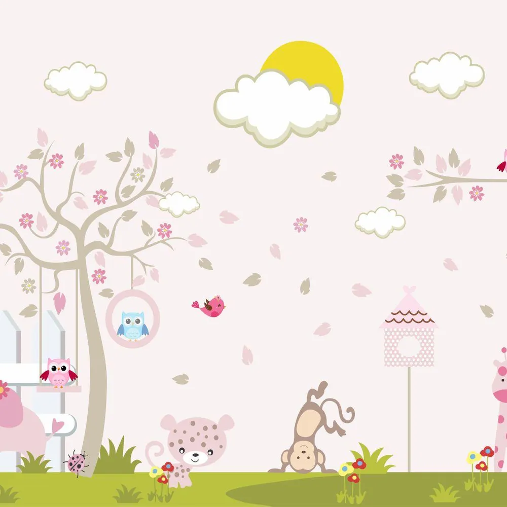 Papel de parede encantador com tema de floresta mágica, cheio de animais e cores suaves.