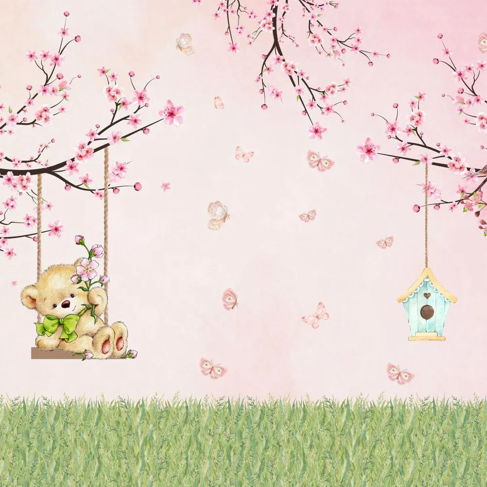 Papel de Parede Infantil Ursinho e Flores de Cerejeira