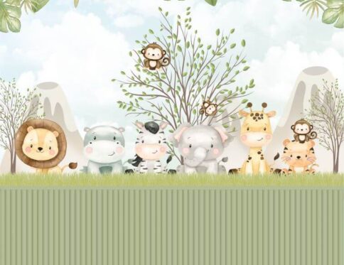 Papel de Parede Infantil Safari Fofo, apresentando animais estilizados como leão, elefante, girafa e macaco em um cenário de selva.