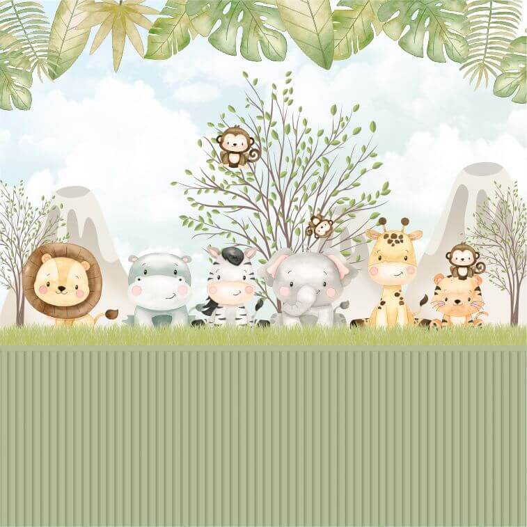 Papel de Parede Infantil Safari Fofo, apresentando animais estilizados como leão, elefante, girafa e macaco em um cenário de selva.