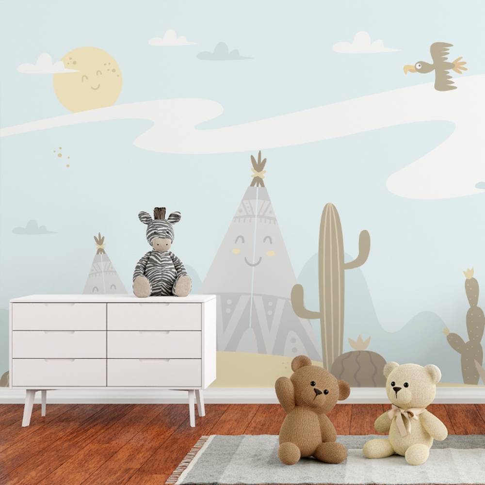 Papel de parede infantil com tema deserto lúdico em cores suaves para um ambiente aconchegante.