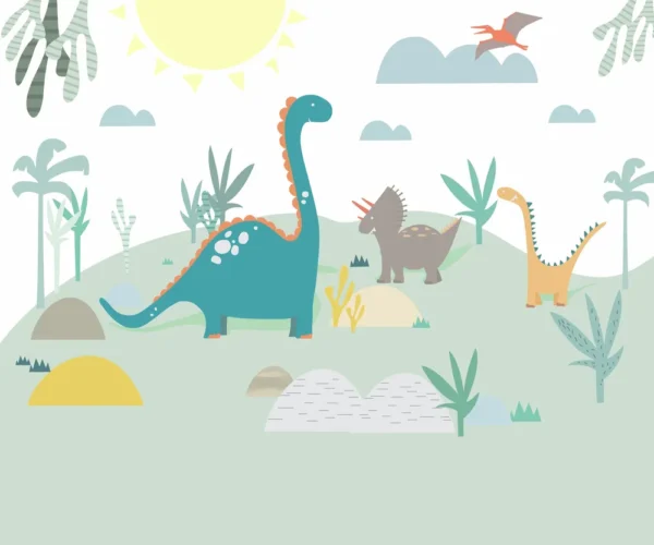 Papel de Parede Aquarela Mundo dos Dinossauros com Tons Suaves