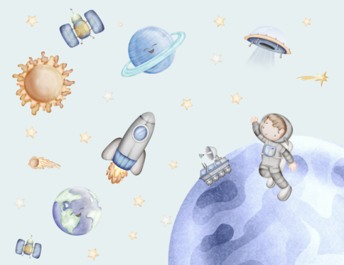 Papel de parede infantil com tema espacial, trazendo foguetes, planetas e estrelas para uma decoração divertida e lúdica.