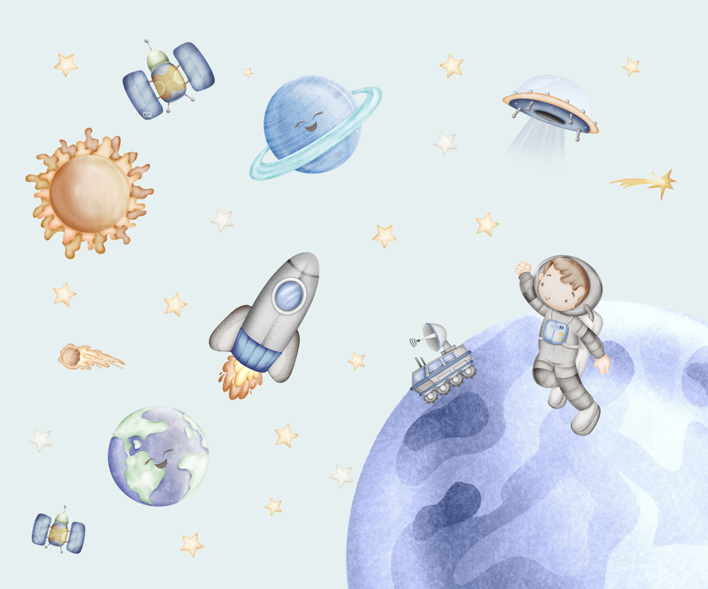 Papel de parede infantil com tema espacial, trazendo foguetes, planetas e estrelas para uma decoração divertida e lúdica.