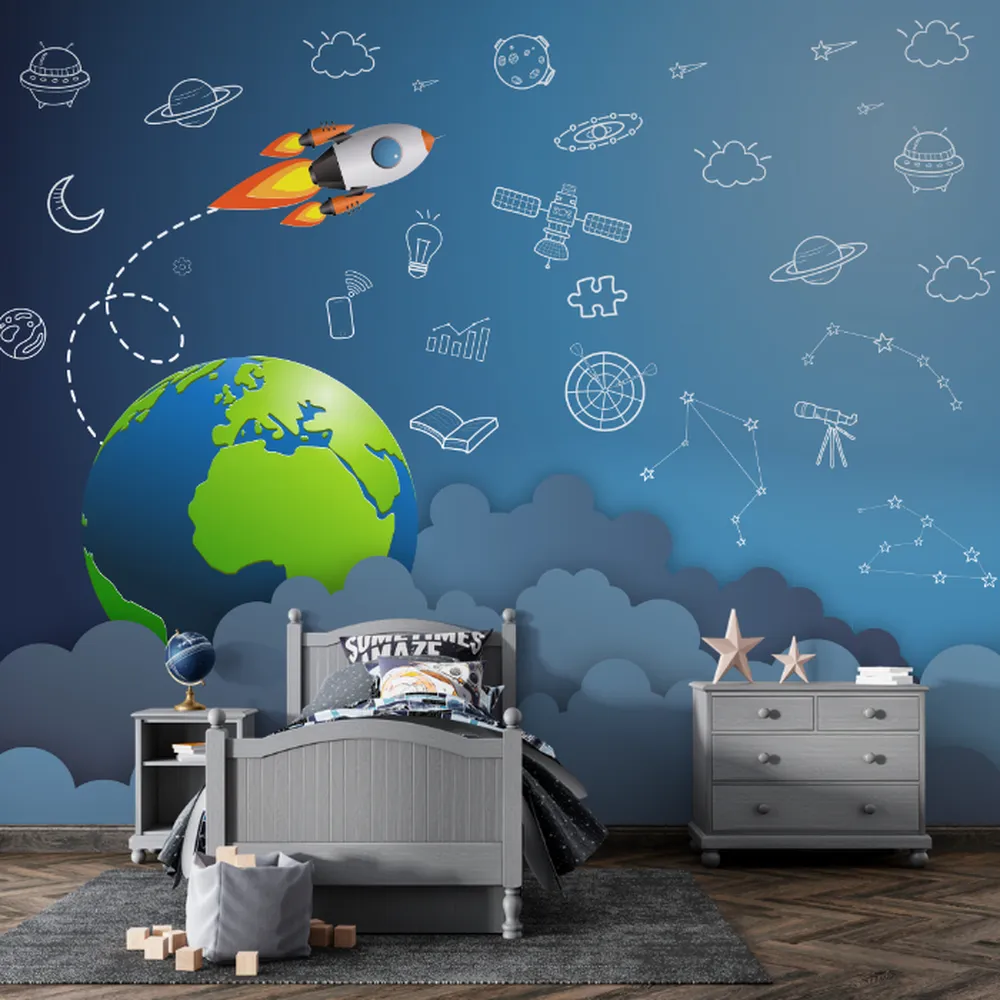 Papel de Parede Espaço Sideral com Foguete e Planeta Terra