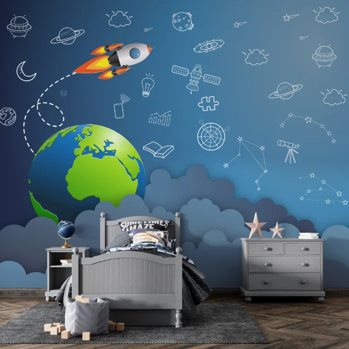 Exploração Espacial Infantil – Papel de Parede de Astronauta e Foguete