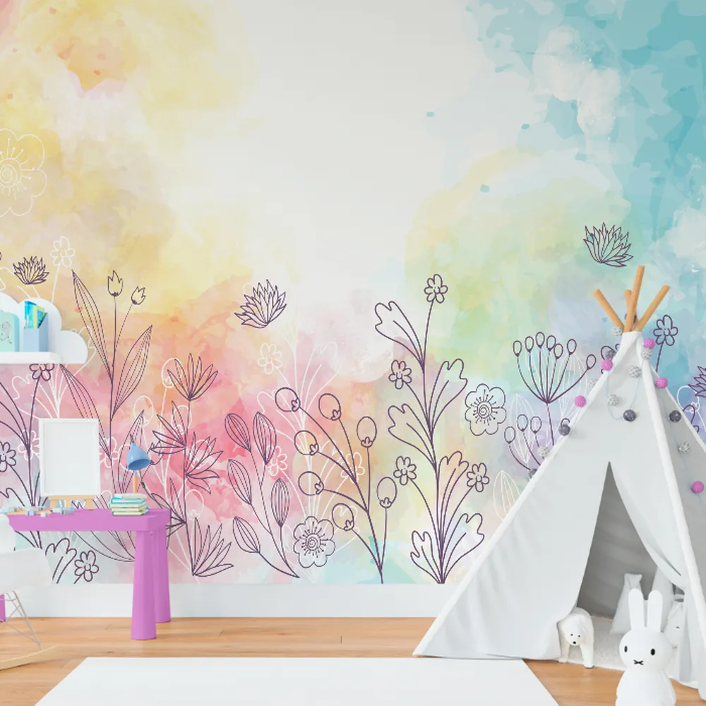 Papel de Parede Floral Aquarela com Cores Suaves e Design Moderno