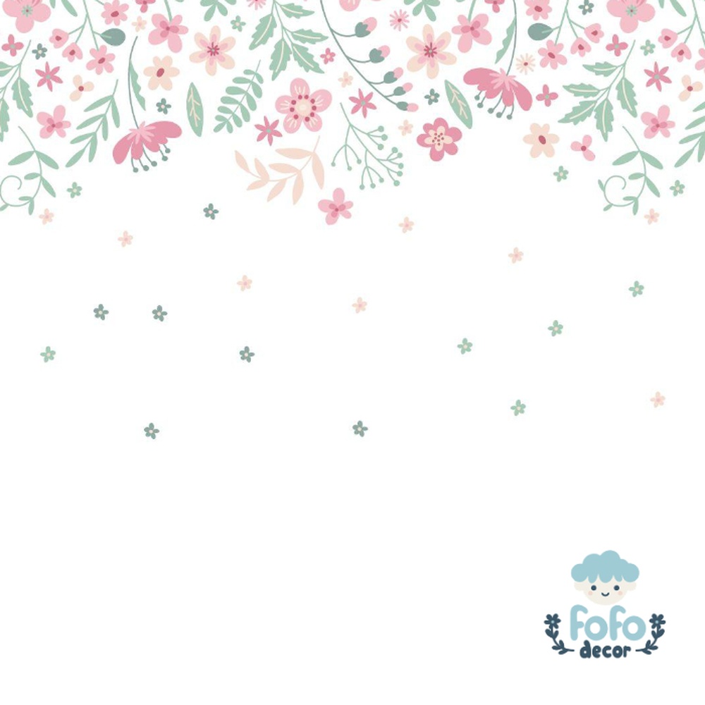 Papel de parede romântico com folhagens e flores caindo no topo, em estilo moderno.