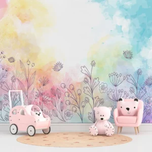 Papel de Parede Floral Aquarela com Cores Suaves e Design Moderno