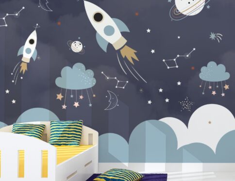 : Papel de Parede Adesivo de Foguetes, Estrelas e Planetas para Quartos Infantis