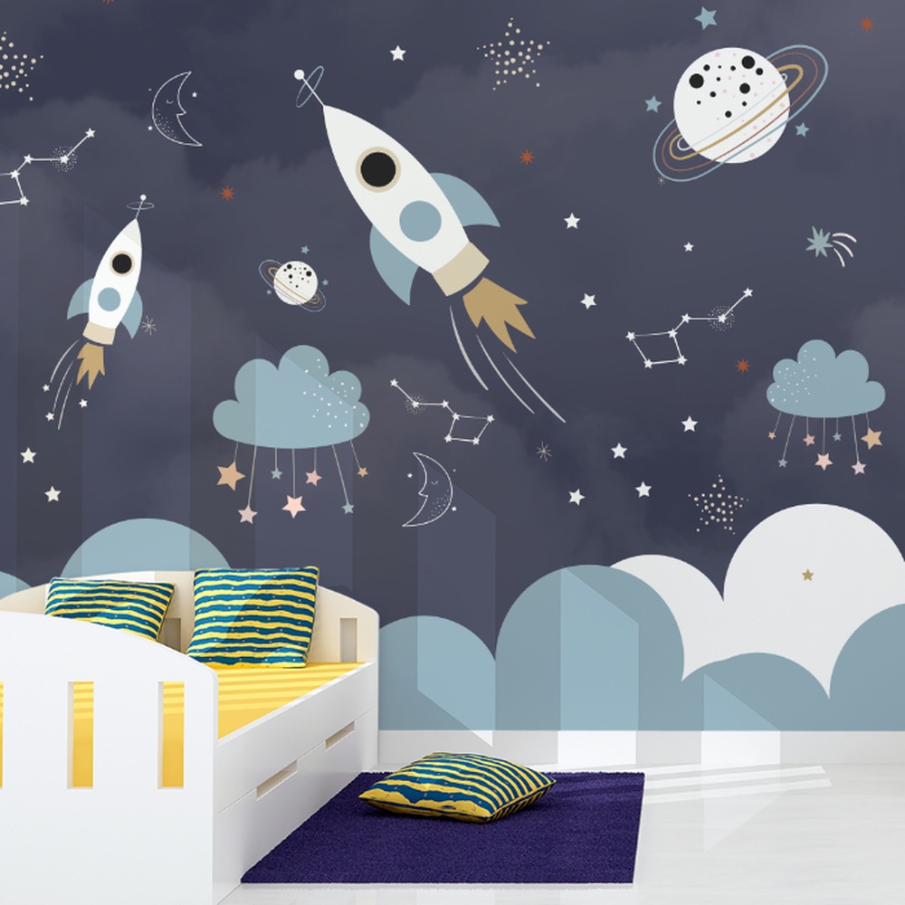 : Papel de Parede Adesivo de Foguetes, Estrelas e Planetas para Quartos Infantis