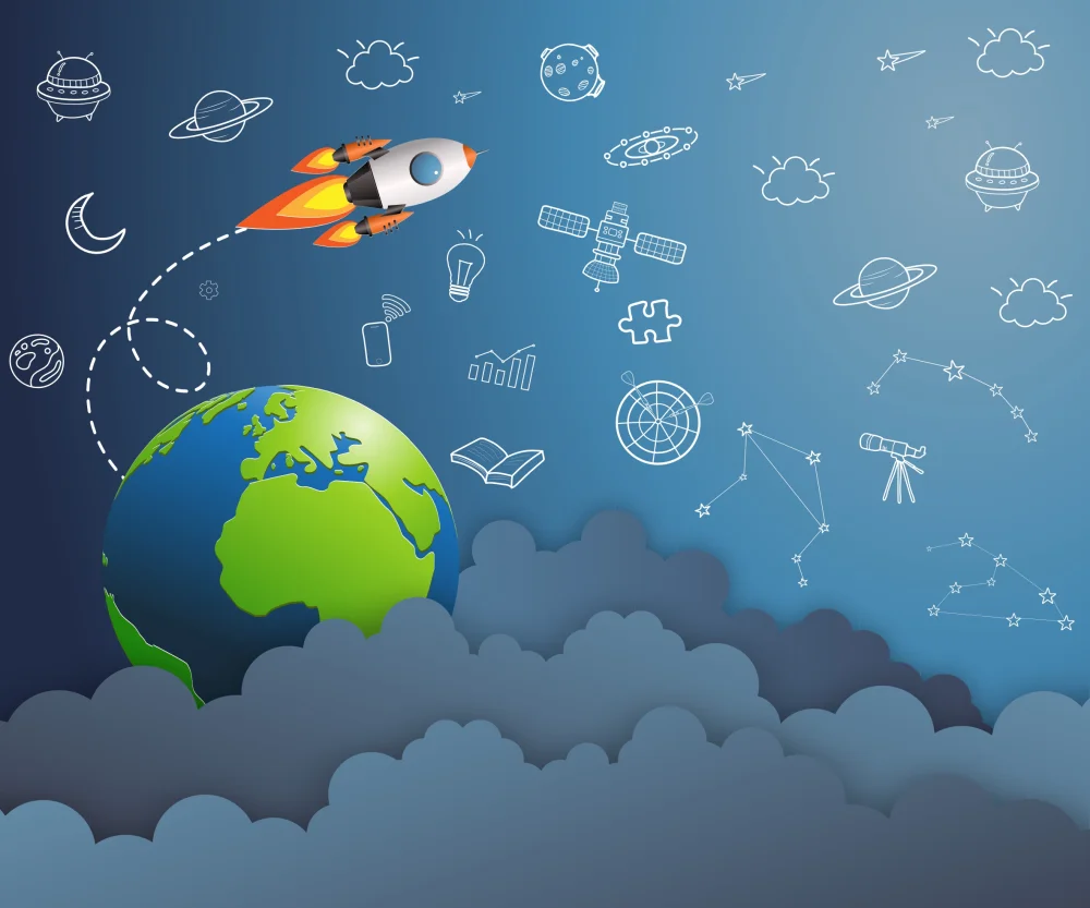 Exploração Espacial Infantil – Papel de Parede de Astronauta e Foguete O mundo magico da fofo