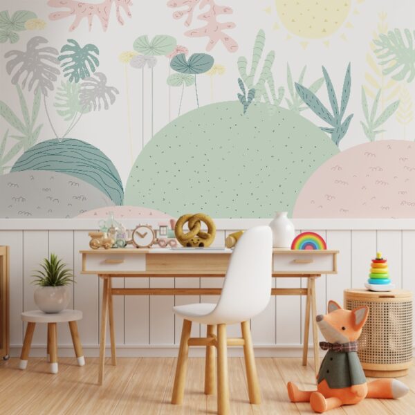 Papel de Parede Folhagem Pastel com design minimalista e delicado.