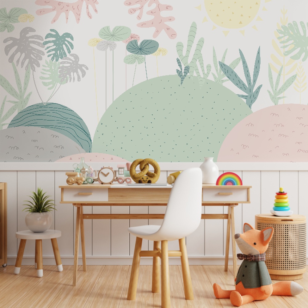 Papel de Parede Folhagem Pastel com design minimalista e delicado.